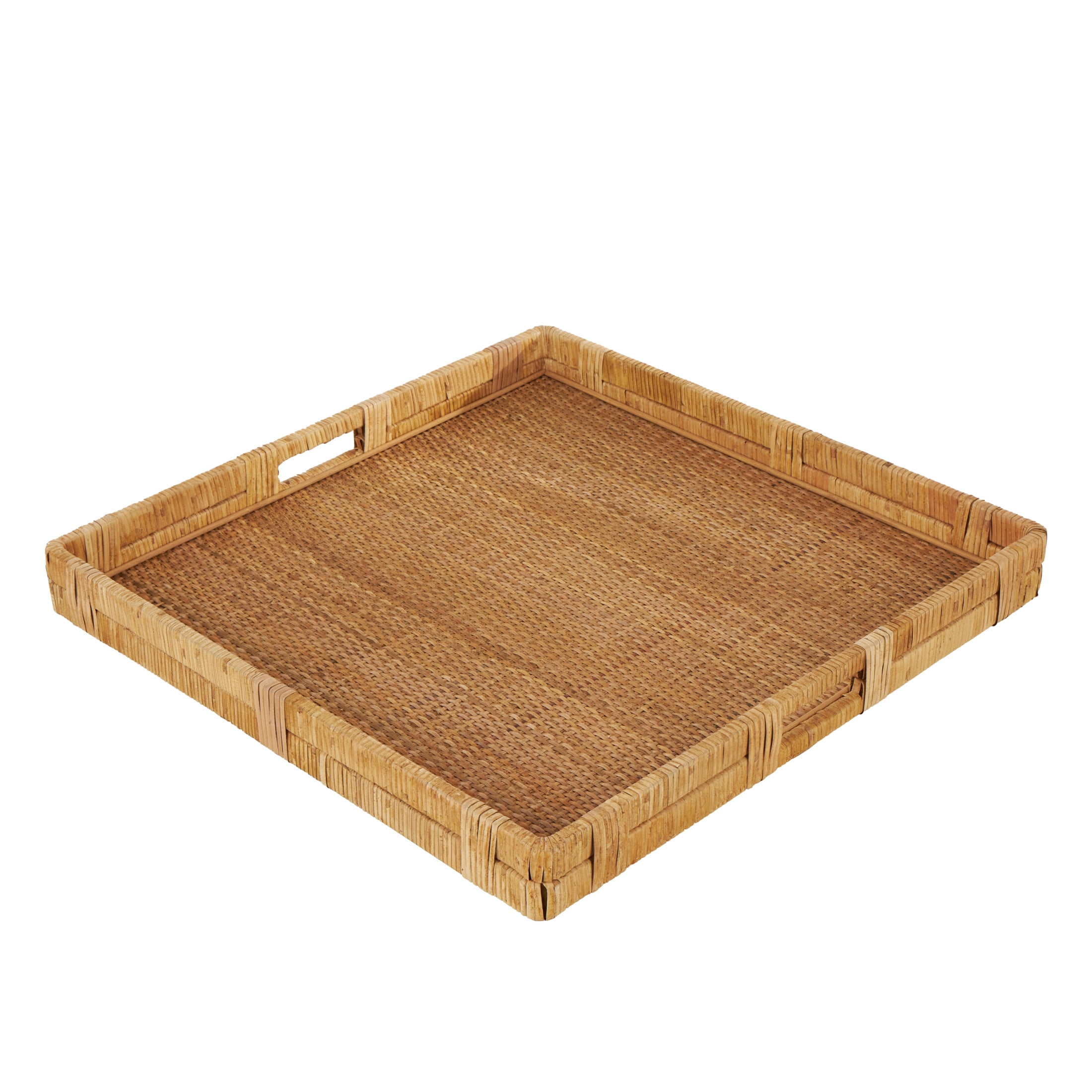 DecMode 23" x 22" Brown Rattan Handmade Woven Tray with Slot Handles, 1-Piece