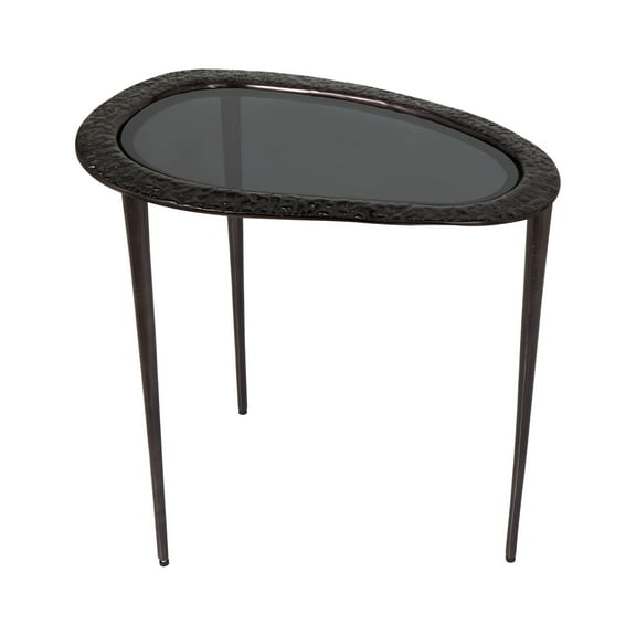 DecMode 23" x 23" Black Aluminum Abstract Oval Shaped Accent Table with Shaded Glass Top and Detailed Engravings, 1-Piece