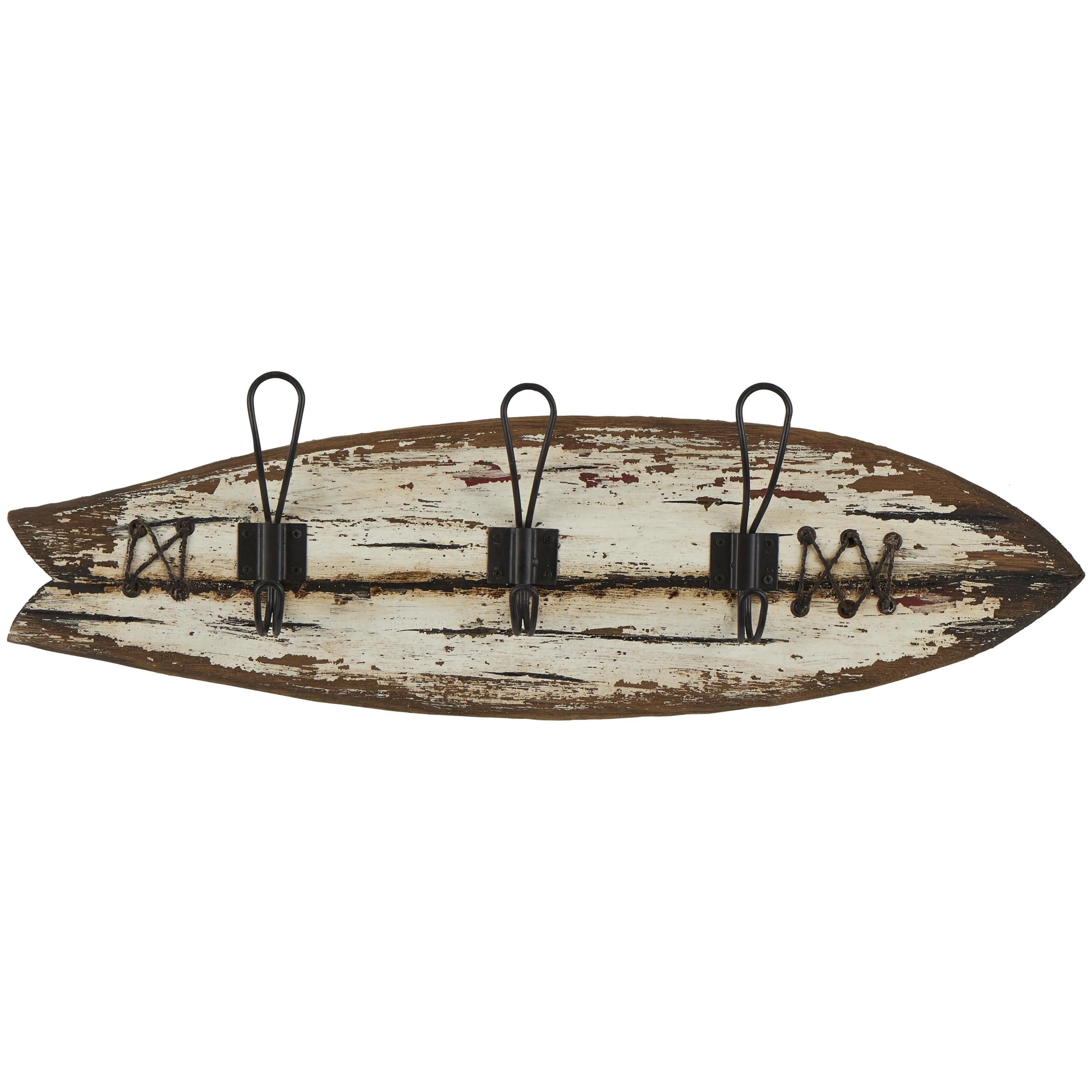DecMode 23" x 7" Brown Wood Handmade Distressed Fish Shaped 3 Hanger Surfboard Wall Hook with Metal Accents, 1-Piece