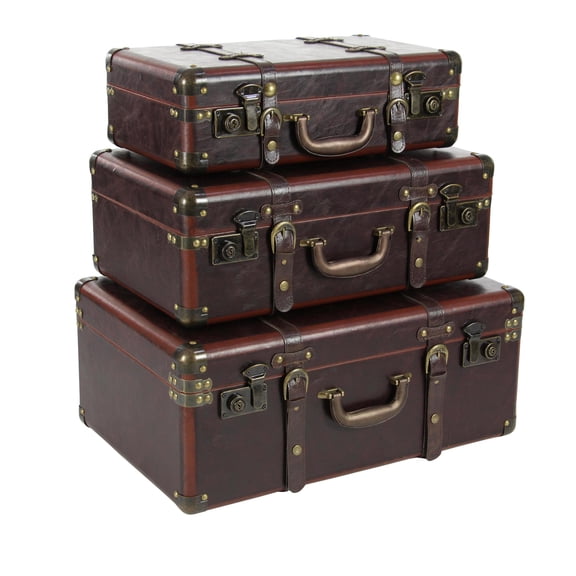 DecMode 18" x 6" Brown Faux Leather Nesting Upholstered Trunk with Vintage Gold Accents and Studs, 3-Pieces