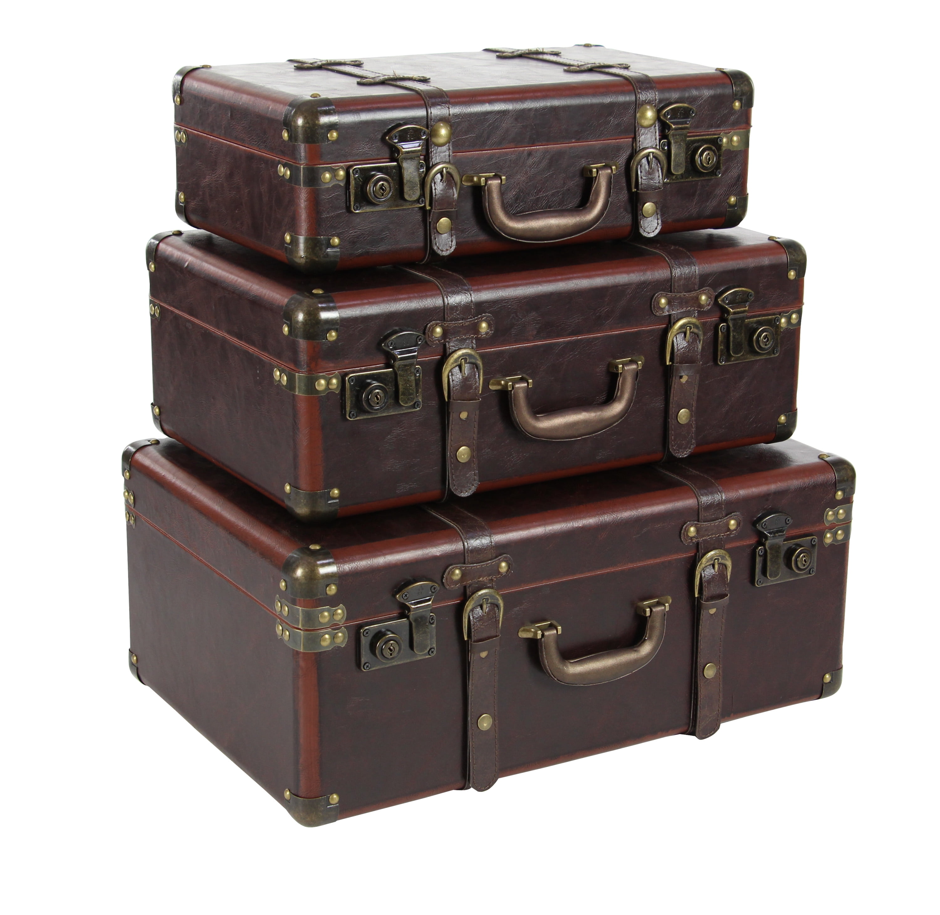 Vintage Charm Nested Faux Leather Trunks, Set of 3, Brown with Stud Accents