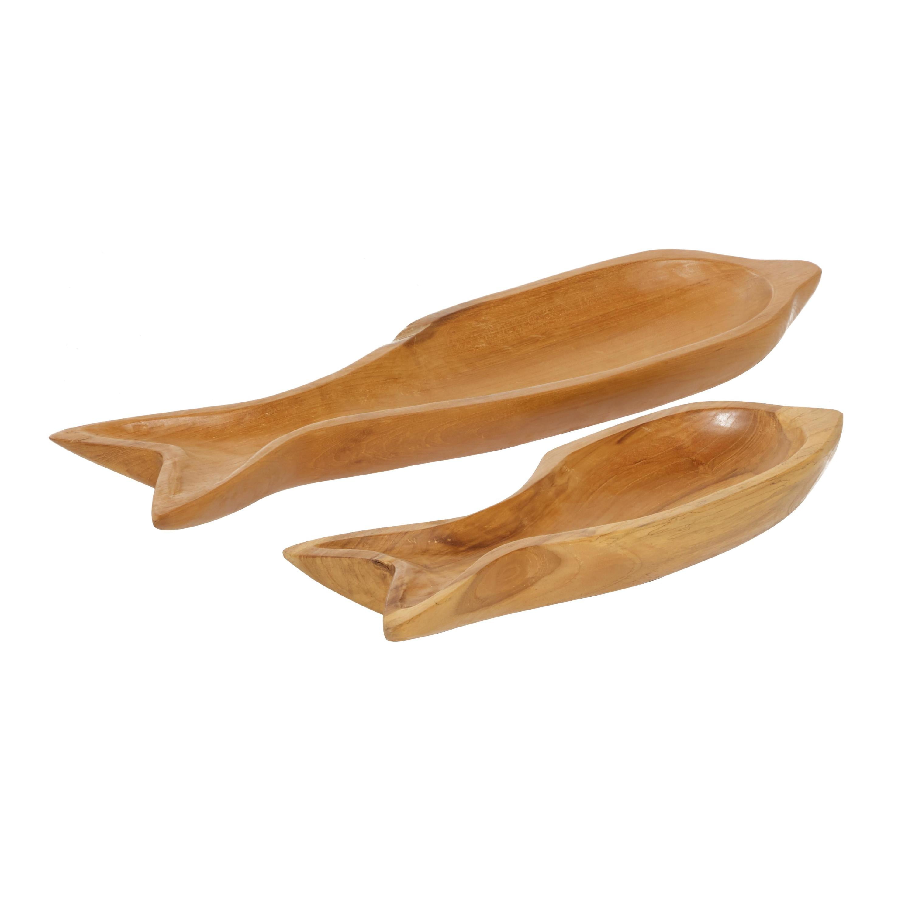 Natural Brown Teak Wood Fish Shaped Decorative Tray Set