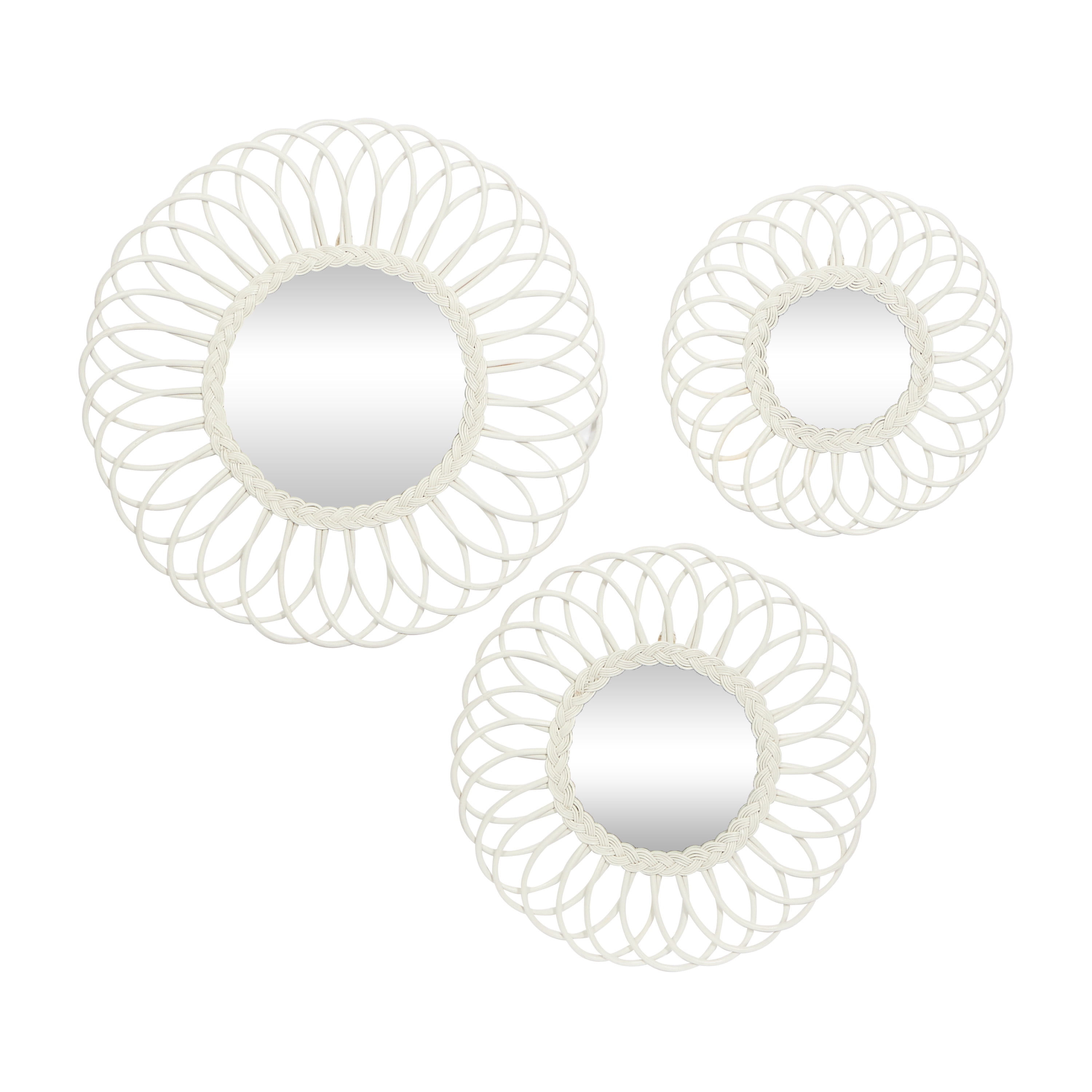 DecMode 24", 20", 16"H White Starburst Wall Mirror, Set of 3