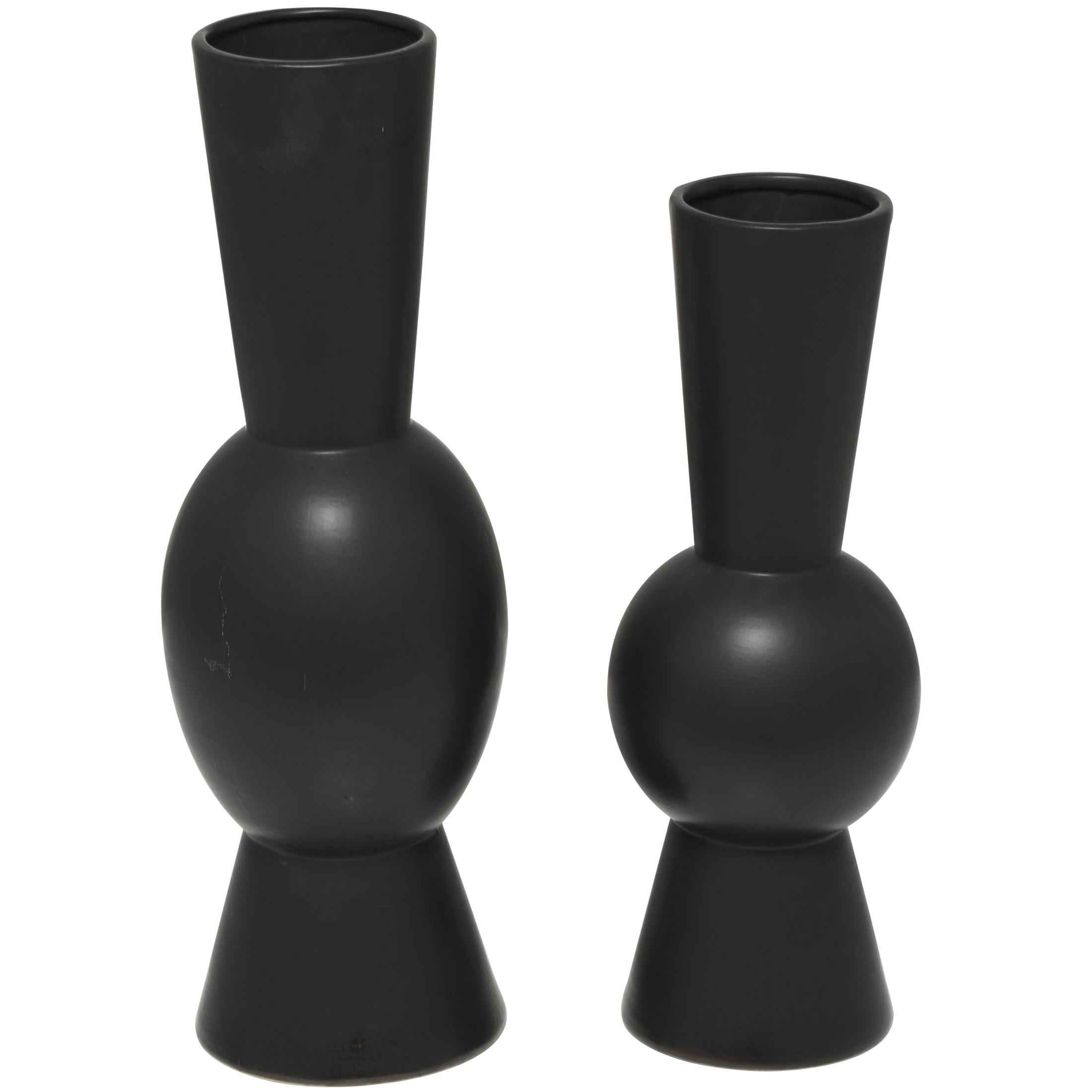 DecMode 24", 20"H Abstract Fluted Round Black Ceramic Vase, Set of 2