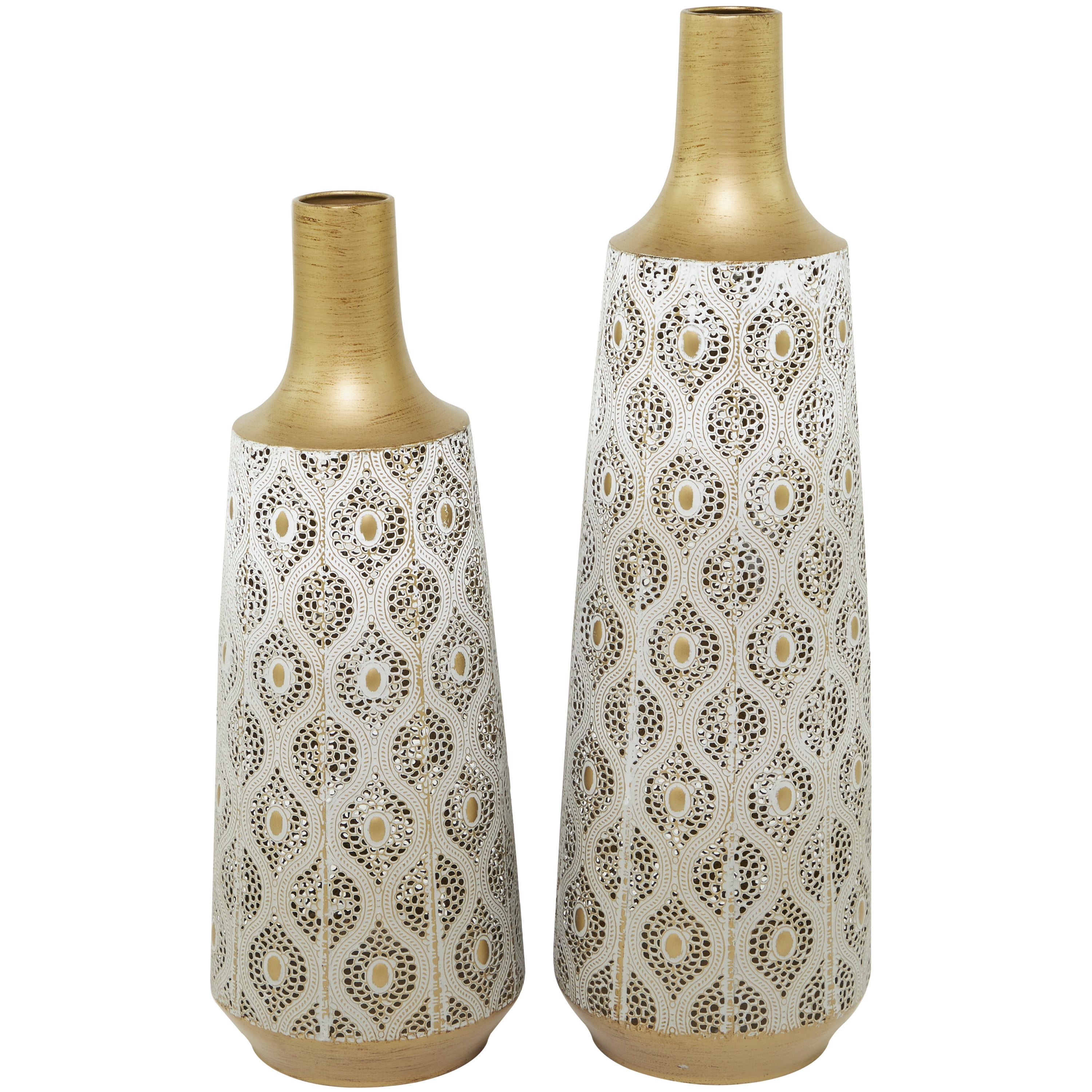 DecMode 24", 20"H White Metal Vase with Diamond Pattern, Set of 2