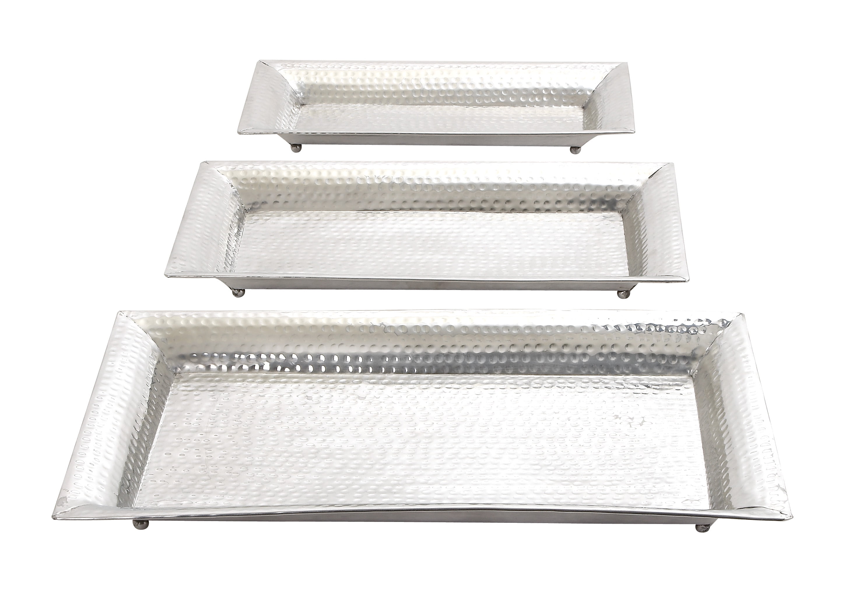 Silver Hammered Metal Rectangular Tray Set with Feet