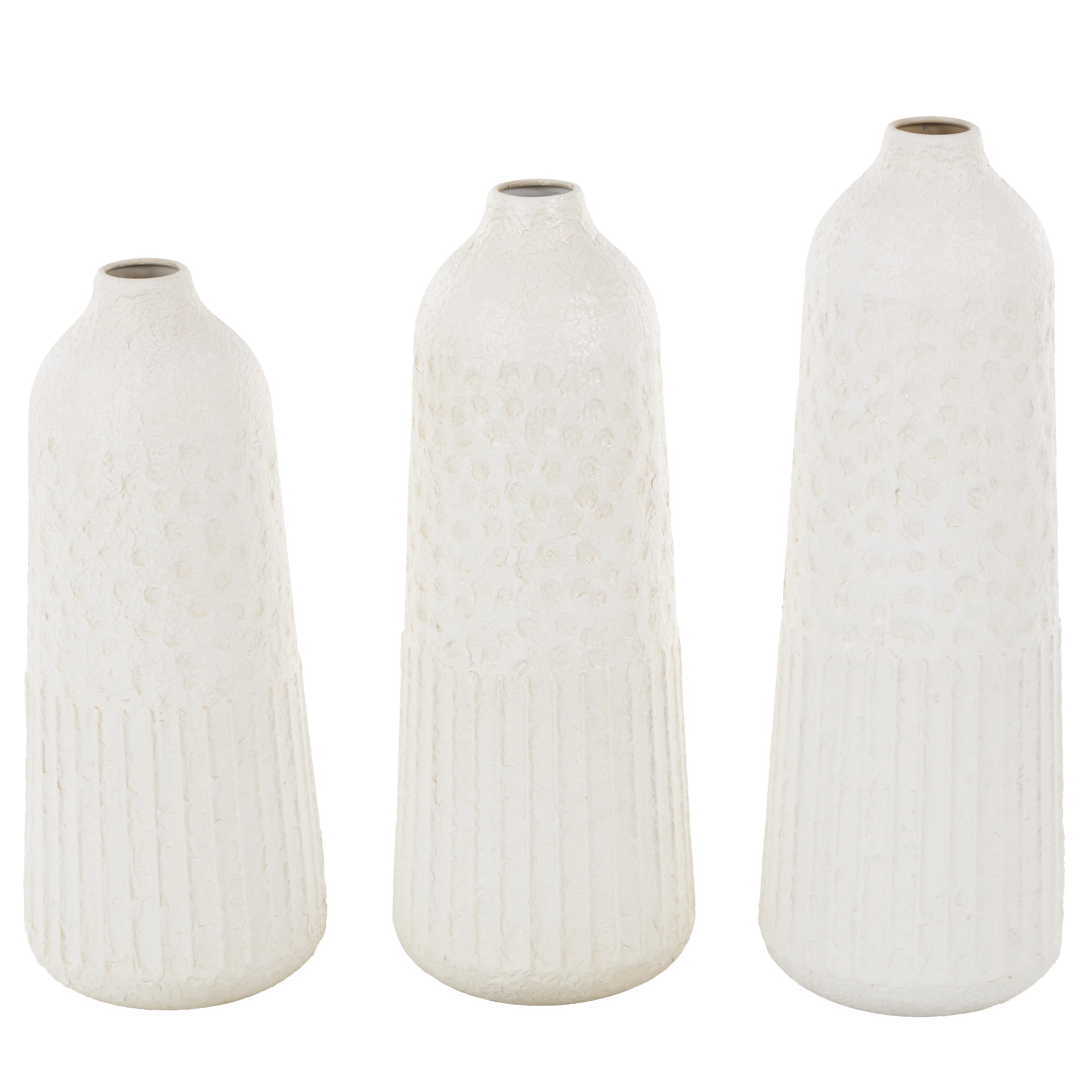 DecMode 24", 22", 20"H Textured White Metal Vase with Honeycomb Pattern, Set of 3