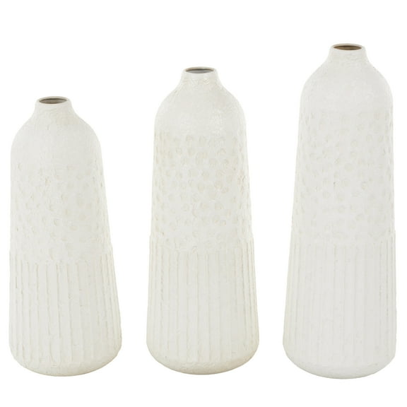 DecMode 24", 22", 20"H Textured White Metal Vase with Honeycomb Pattern, Set of 3