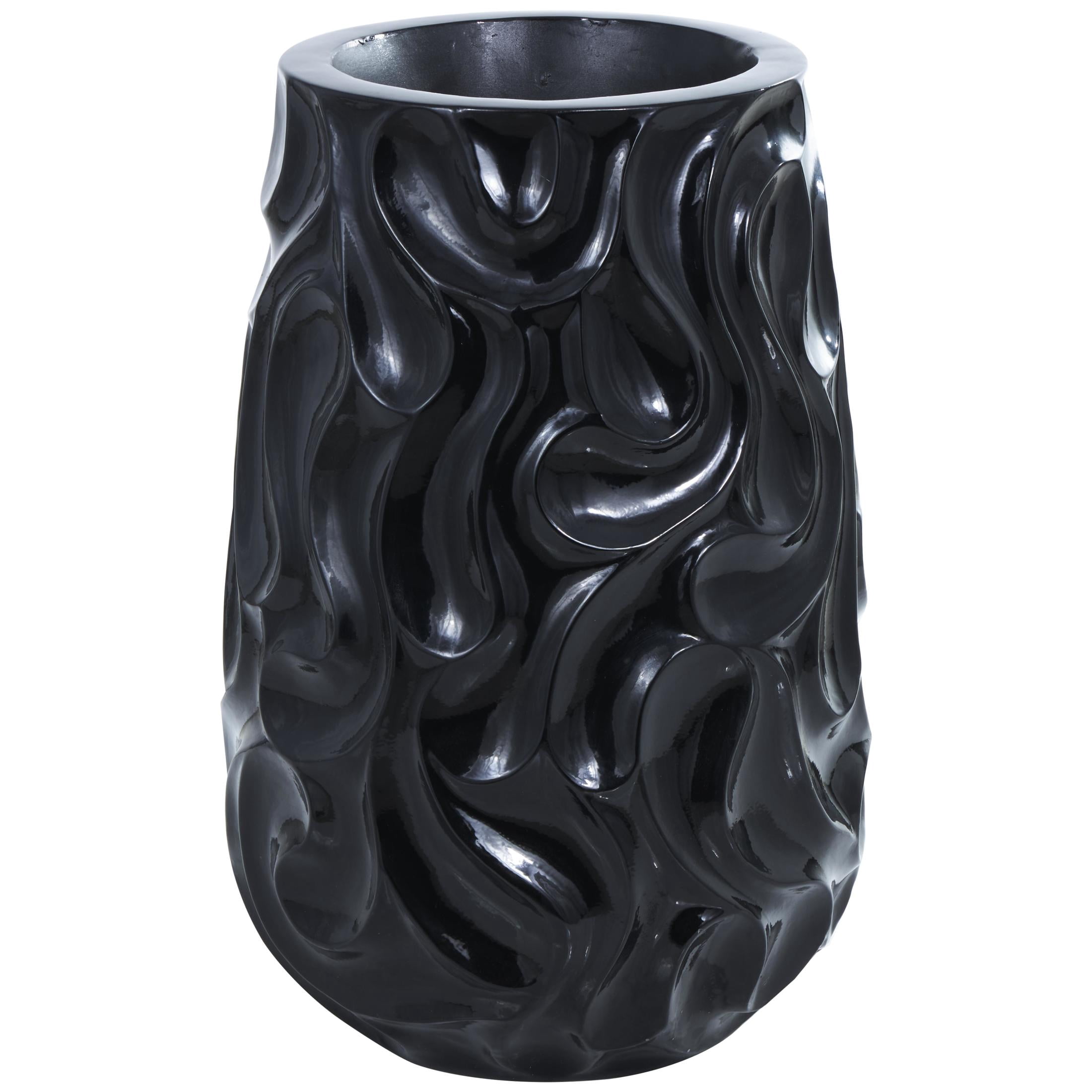DecMode 24" Abstract Large Wavy Textured Floor Black Resin Vase