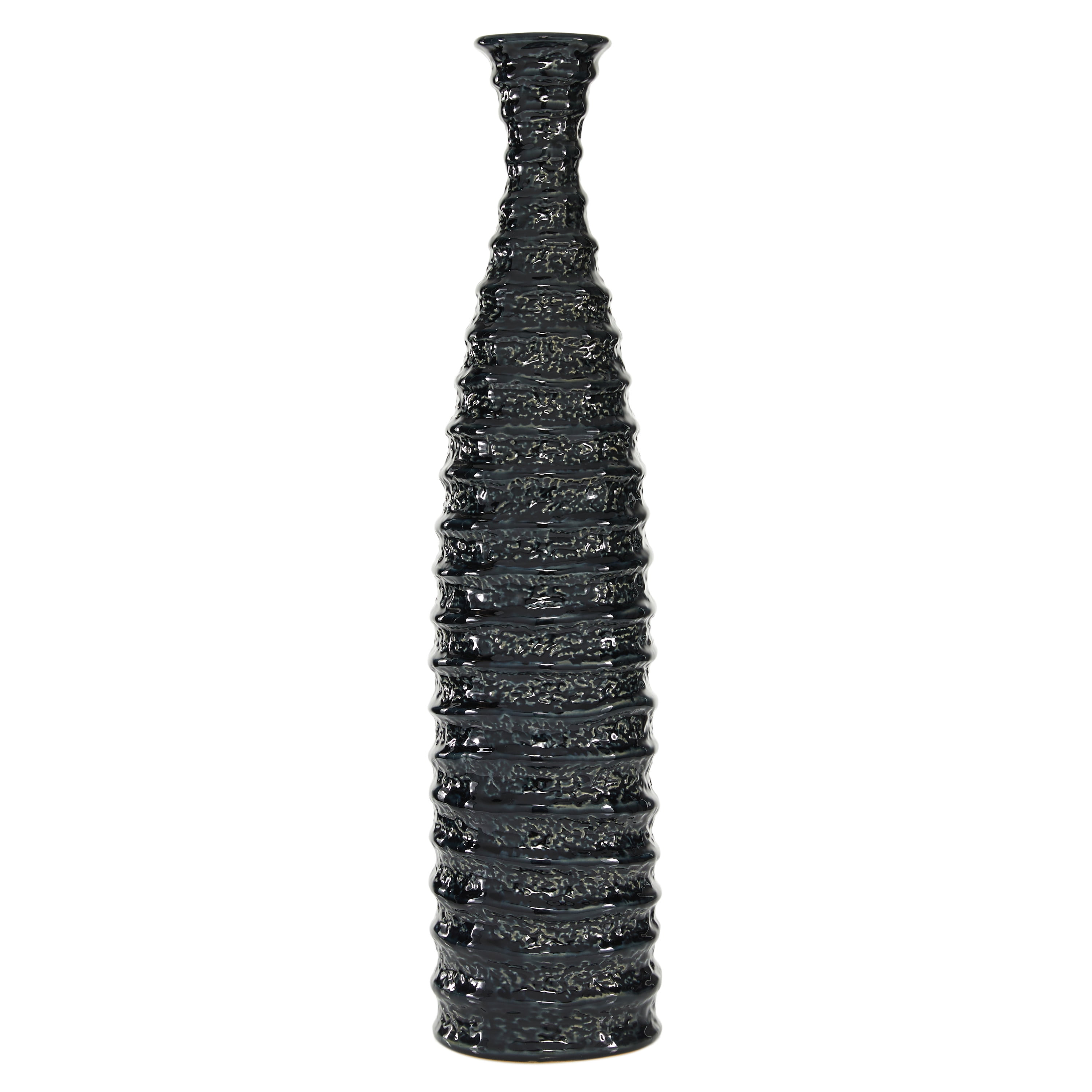 Tall Black Rippled Ceramic Floor Vase