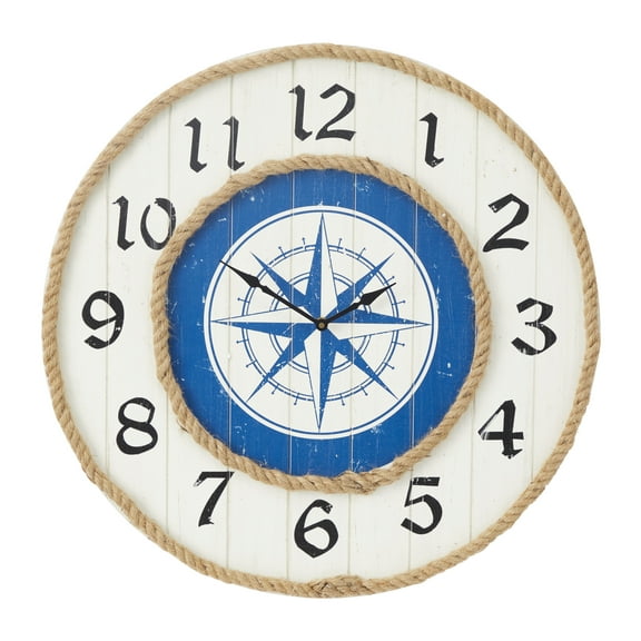 DecMode 24" Blue Wood Compass Wall Clock with Rope Accents