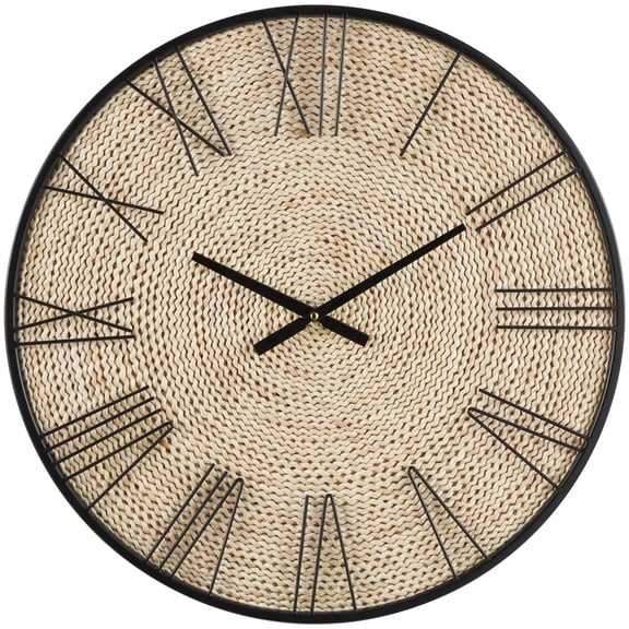 DecMode 24" Brown Jute Rope Coiled Wall Clock with Black Metal Frame