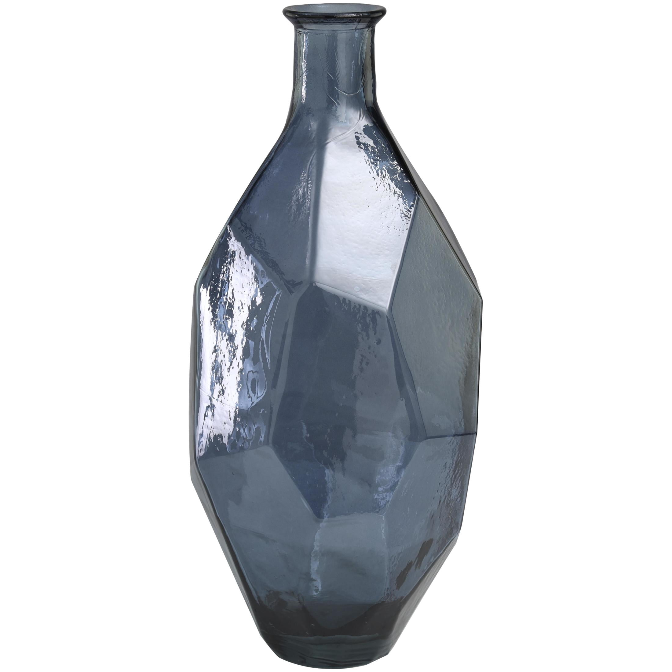 DecMode 24" Abstract Handmade Spanish Bottle Neck Faceted Blue Recycled Glass Vase