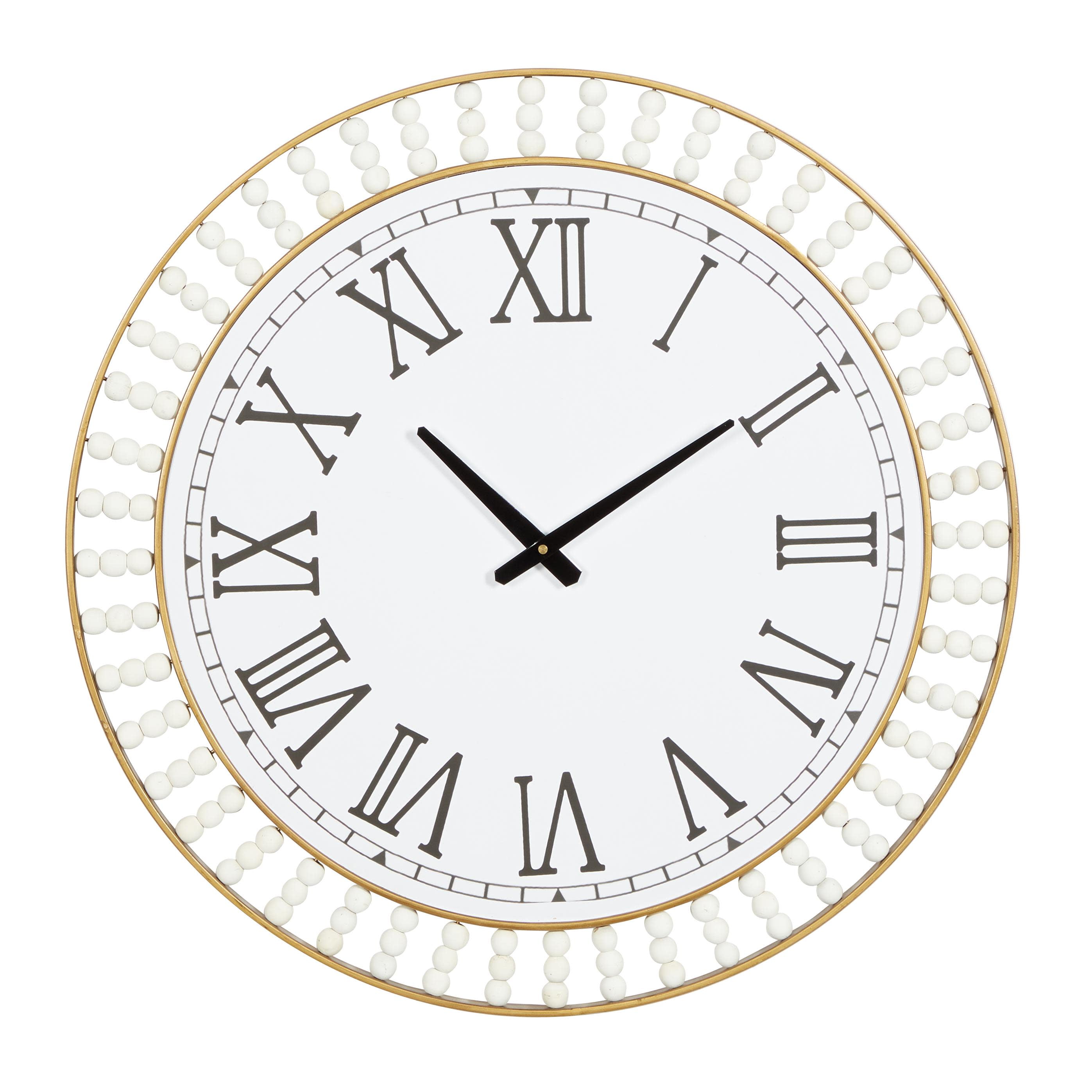 Oversized White Beaded Wall Clock with Gold Frame