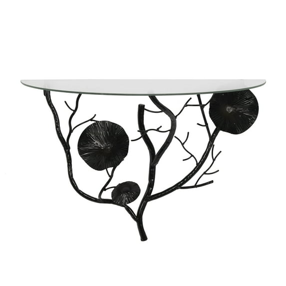 DecMode 24" x 12" Branch 1-Tier Black Floral Wall Shelf with Glass Top