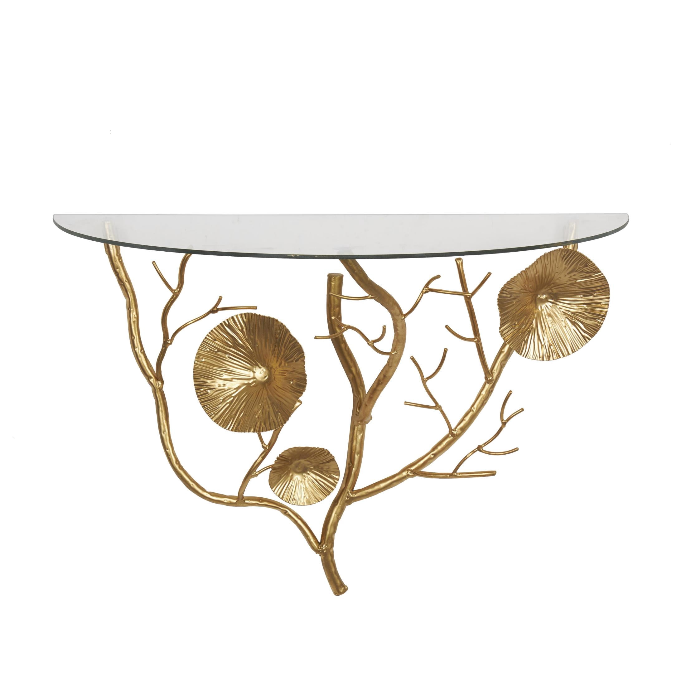DecMode 24" x 12" Branch 1-Tier Gold Floral Wall Shelf with Tempered Glass Top
