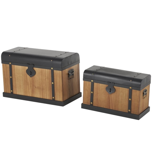 DecMode 24" x 16" Brown Wooden Storage Trunk with Black Metal Tops and Gold Studs, 2-Pieces