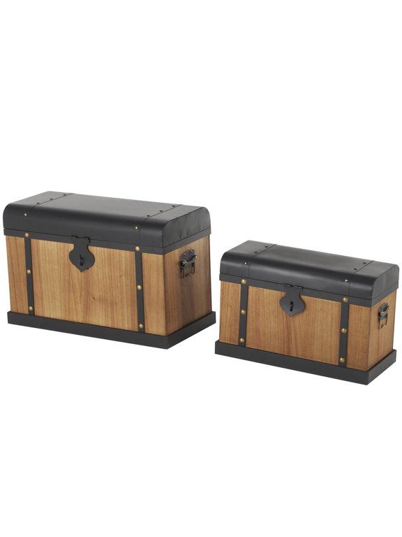 24" x 16" Brown Wooden Storage Trunk with Black Metal Tops and Gold Studs, 2-Pieces