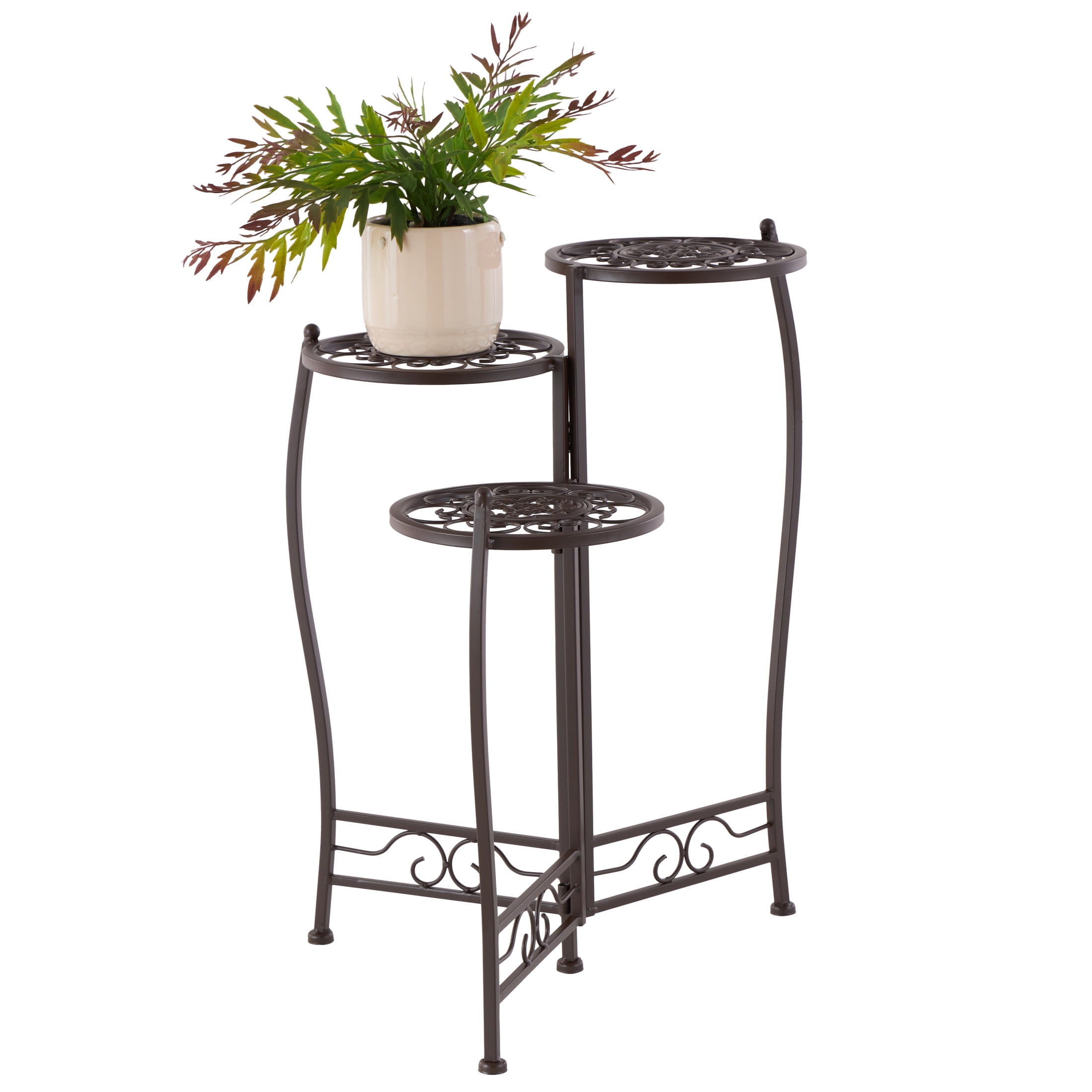 DecMode 24" x 18" x 18" 3 Tier Brown Metal Scroll Plantstand with Scroll Details