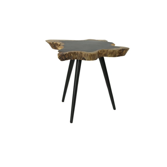 DecMode 24" x 19" Brown Wood Handmade Live Edge Top Accent Table with Black Metal Tripod Legs, 1-Piece