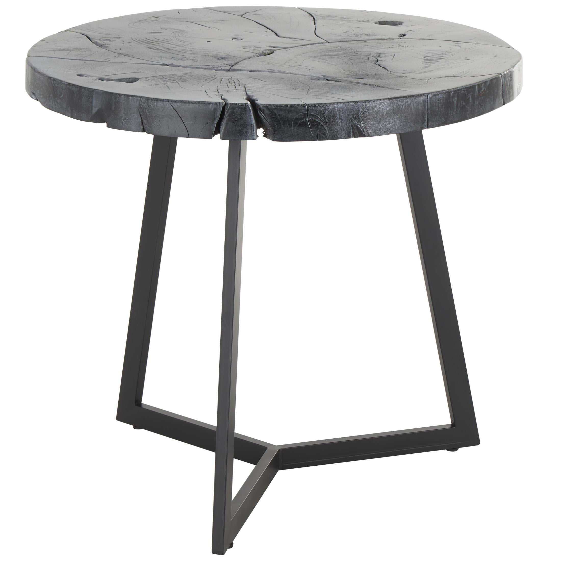 DecMode 24" x 22" Black Teak Wood Handmade Live Edge Geometric Accent Table with Black Metal Base, 1-Piece