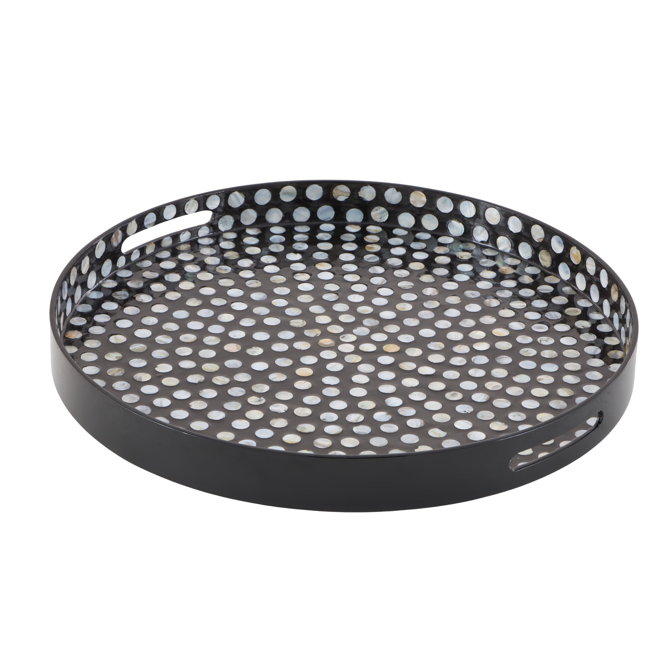 DecMode 24" x 24" Black Mother of Pearl Shell Handmade Nautical Tray with Slot Handles, 1-Piece