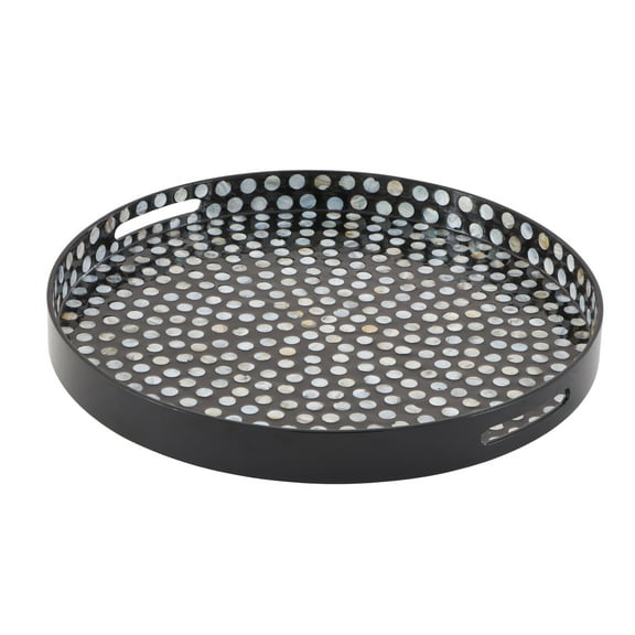DecMode 24" x 24" Black Mother of Pearl Shell Handmade Nautical Tray with Slot Handles, 1-Piece