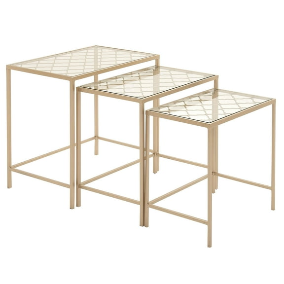 DecMode 20" x 20" Gold Metal Accent Table with Clear Glass Top, 3-Pieces