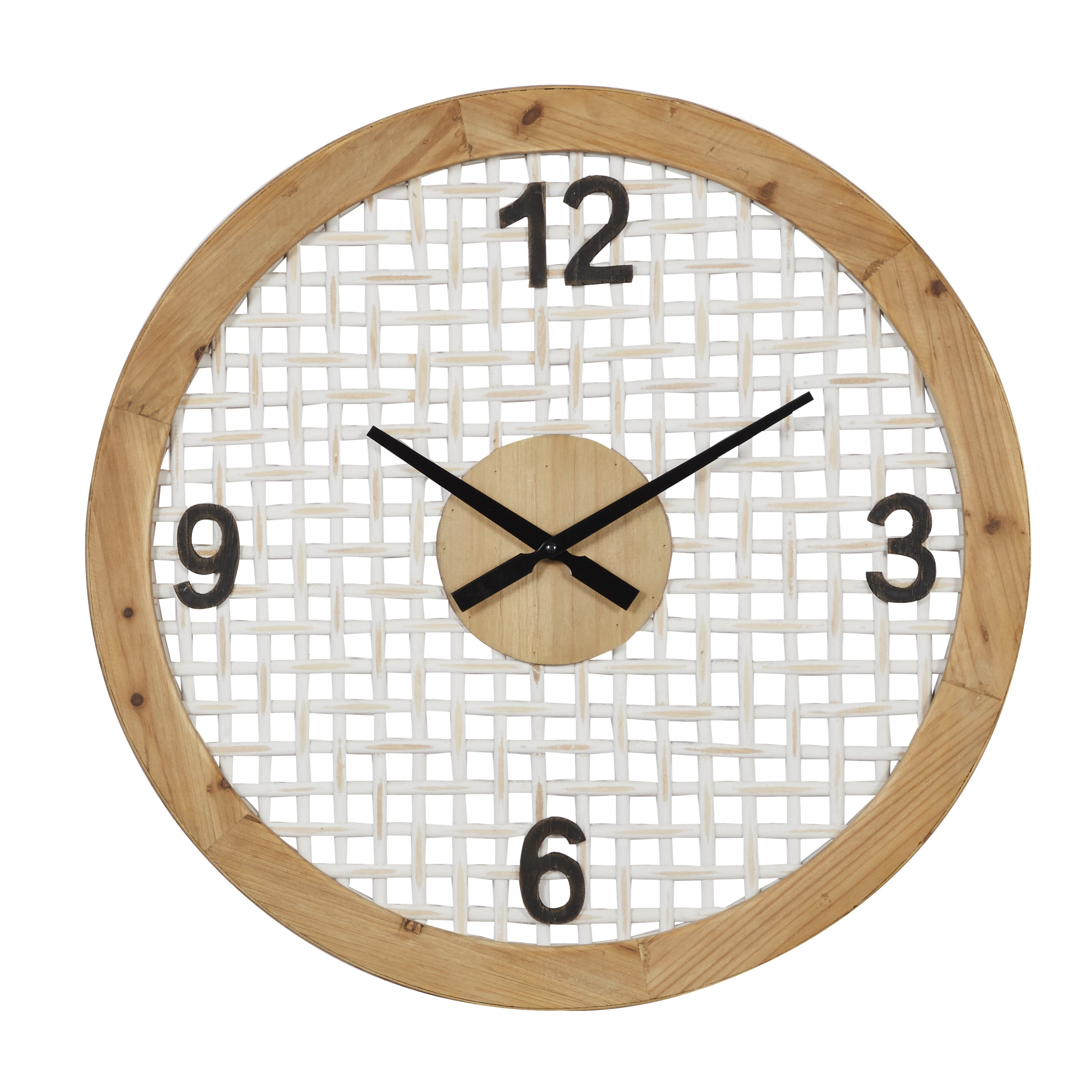 White and Natural Fir Wood Round Wall Clock with Black Numerals