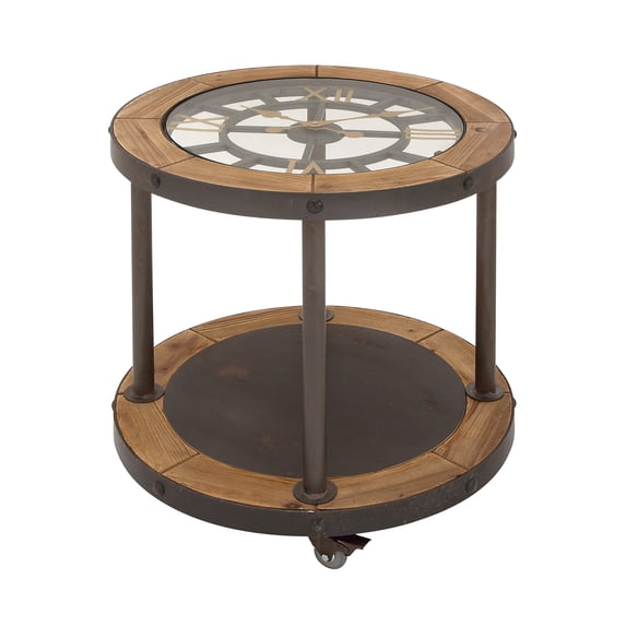 DecMode 24" x 25" Brown Metal 1 Shelf Accent Table with Clock Top, 1-Piece