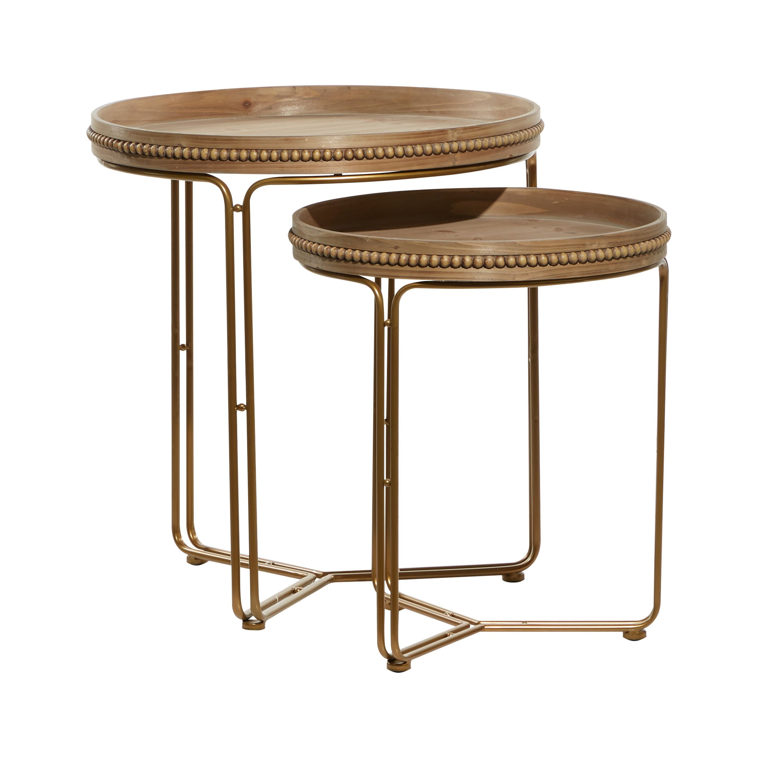 Round Light Brown Wood and Gold Metal Nesting Tables Set