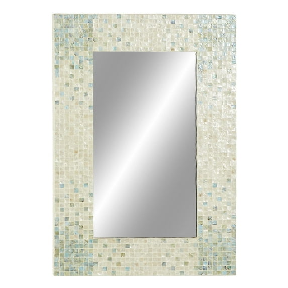 DecMode 24" x 36" Cream Handmade Mosaic Wall Mirror with Blue Corners