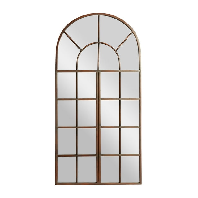 DecMode 24" x 48" Brown Window Pane Inspired Wall Mirror with Arched Top