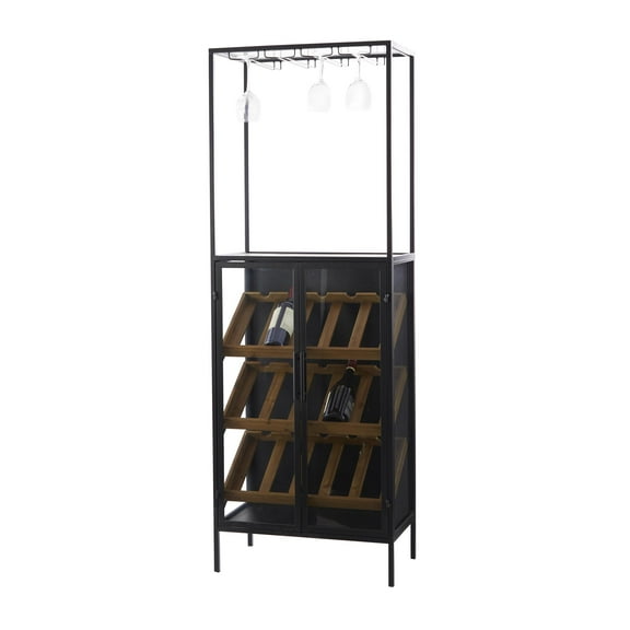 DecMode 24" x 67" Black Wood 15 Bottle Standing Wine Rack with Wine Glass Holders and Wood Accents, 1-Piece