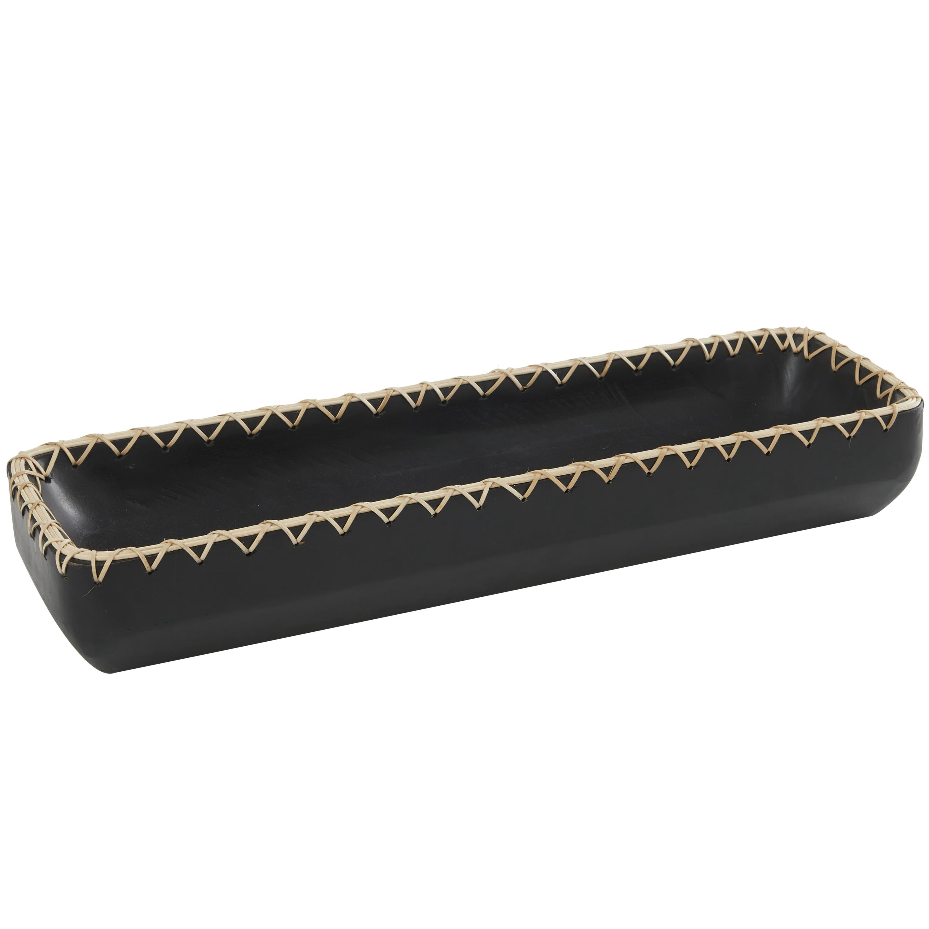 DecMode 24" x 7" Black Mango Wood Handmade Nesting Tray with Hand Sewn Seagrass Accents, 1-Piece