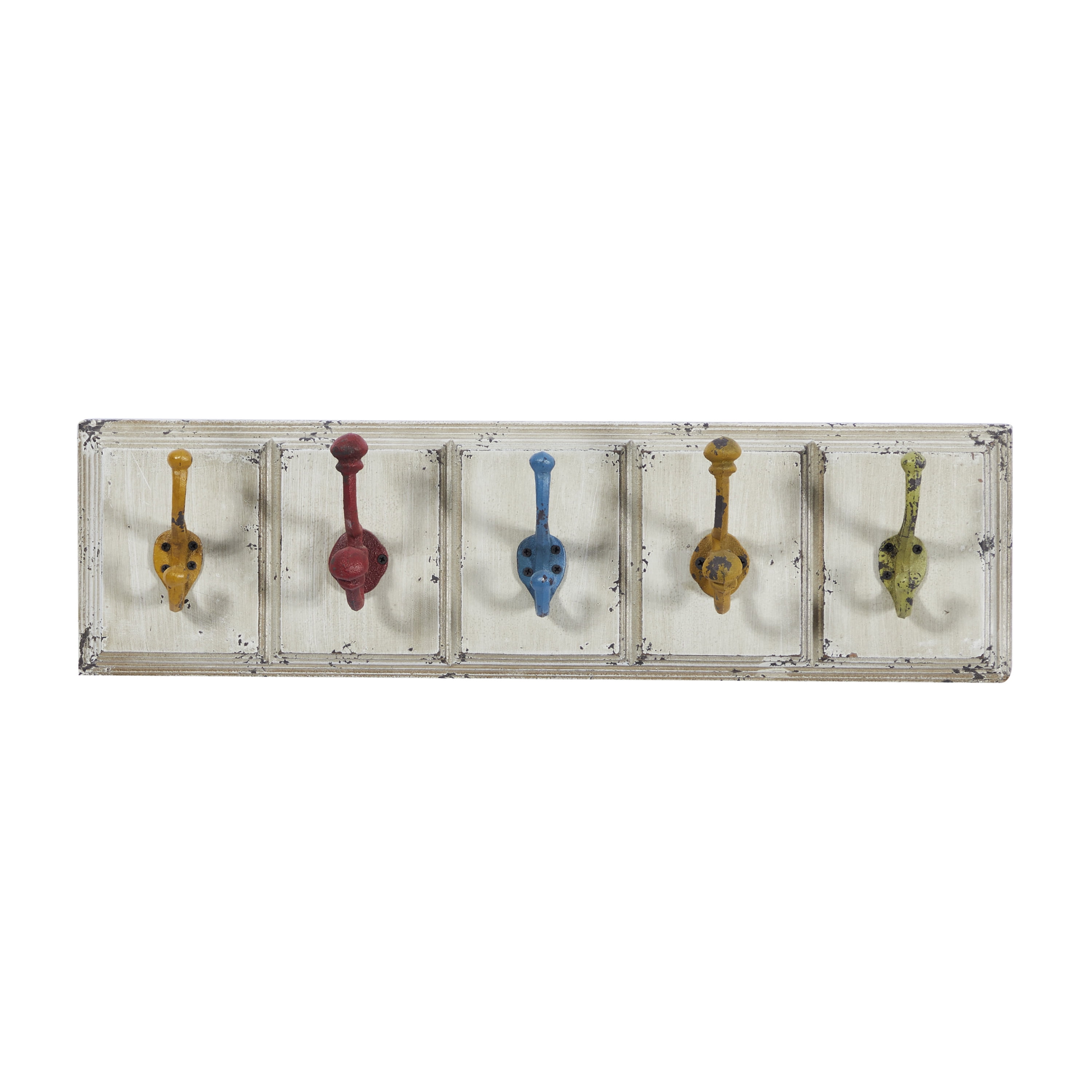 24" White Wood Wall Hook with Multicolor Metal Hangers
