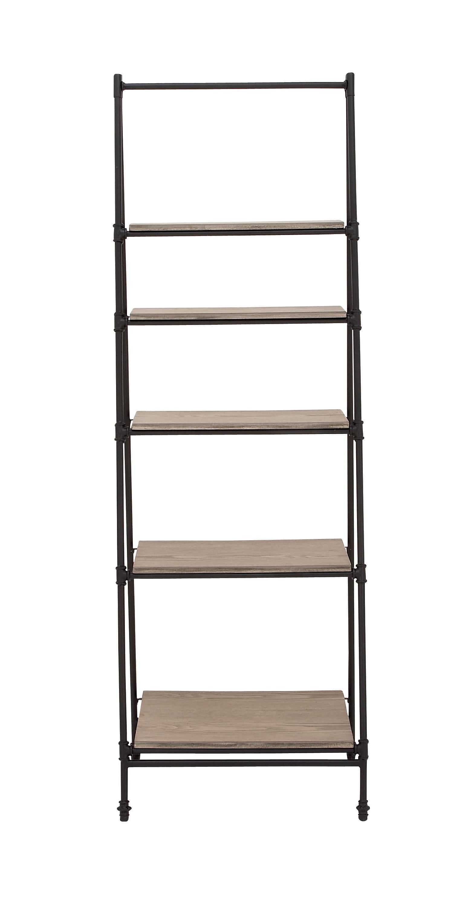 72" Black Metal and Pine Wood 5-Tier Ladder Shelf