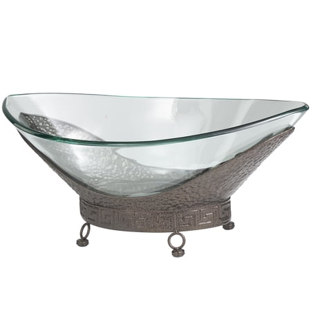 DecMode 24" x 8" Clear Tempered Glass Kitchen Serving Bowl with Brown Metal Base, 1-Piece