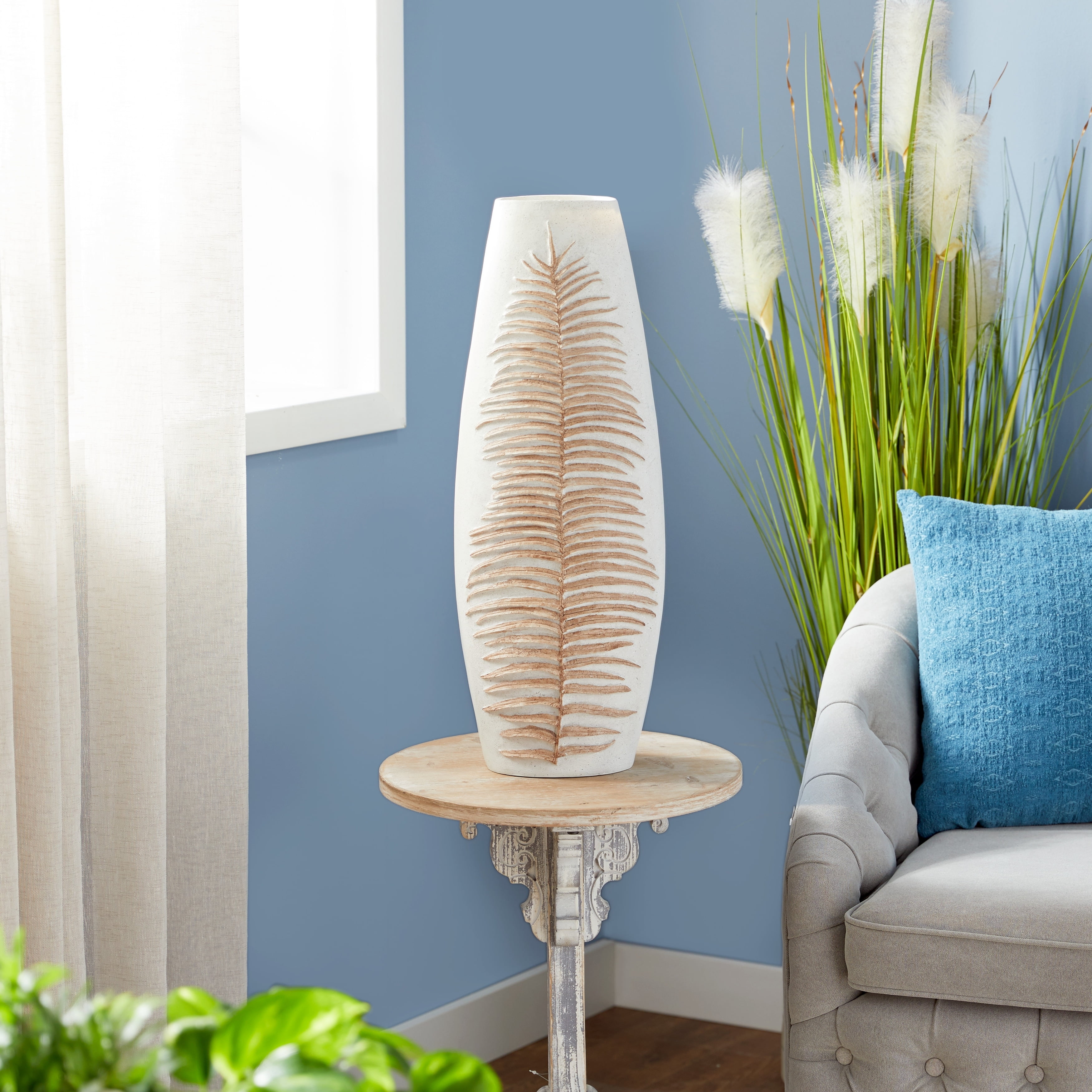 Bohemian White Leaf Polystone Floor Vase 9" x 25"