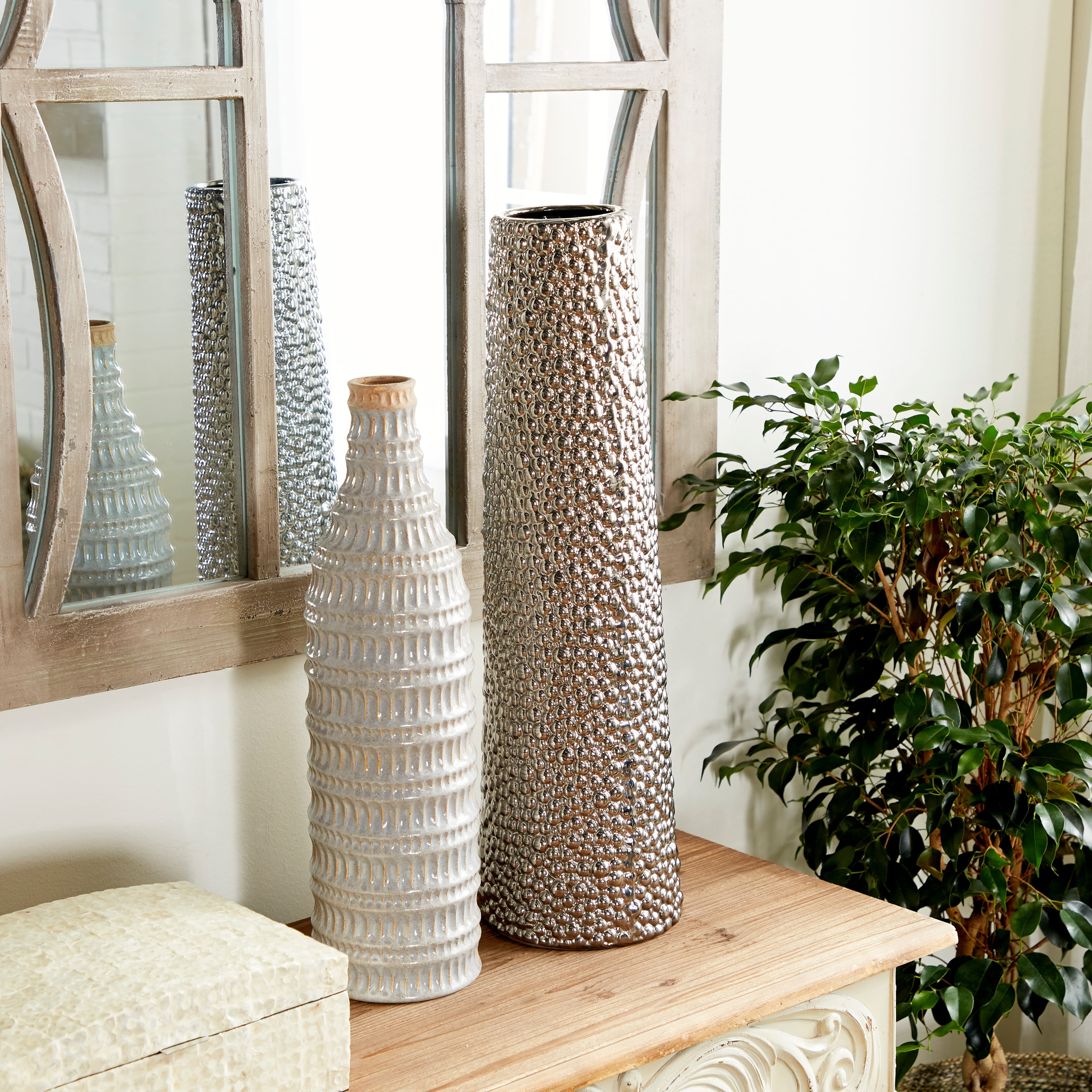 Tall Silver Ceramic Vase with Bubble Texture, 25 Inches