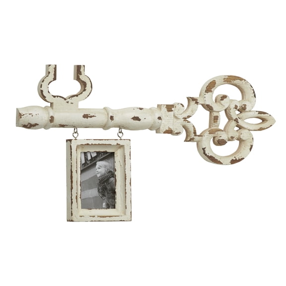 DecMode 25" x 14.5" Decorative Antique Key & Hanging Picture Frame Wall Decor with Distressed White Finish