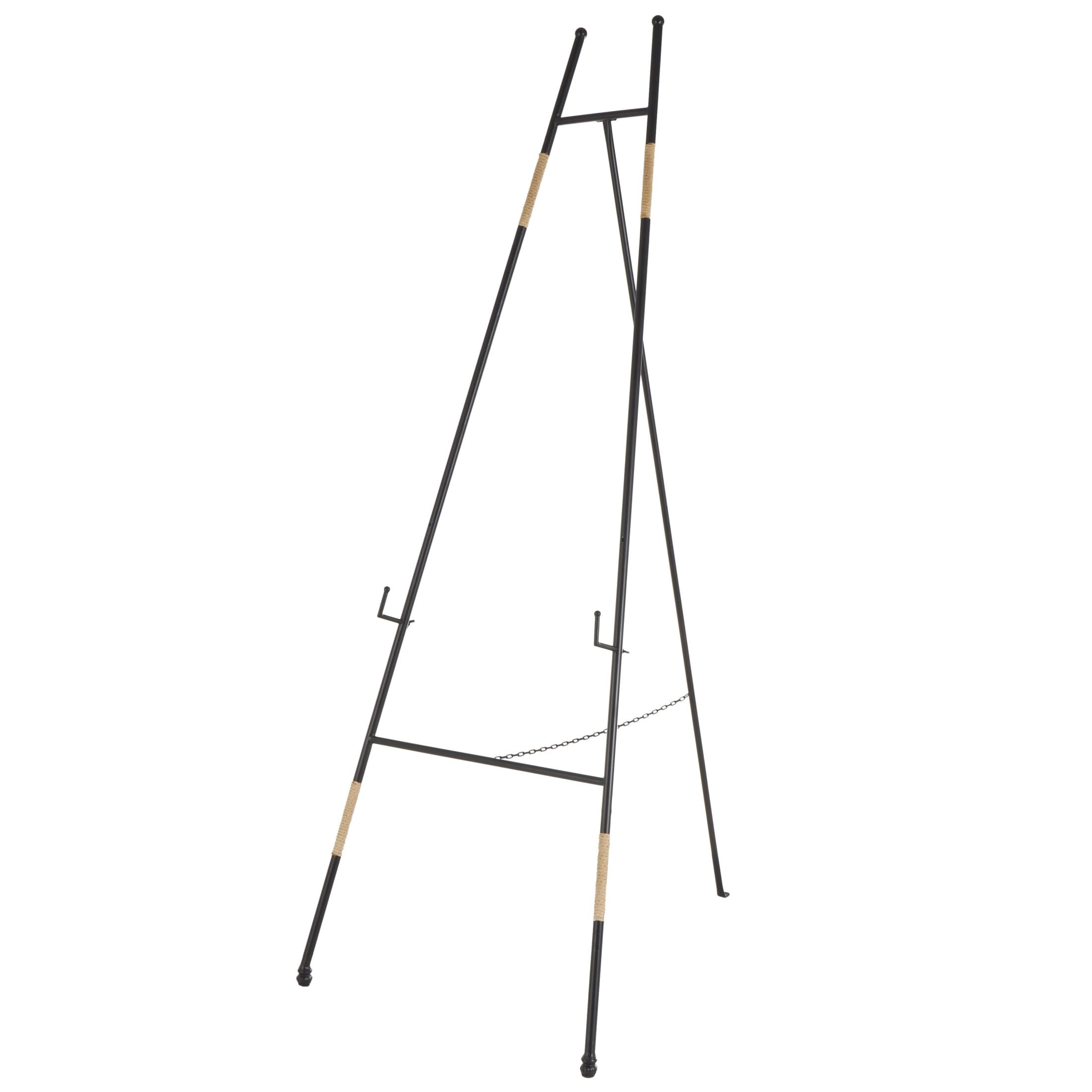 DecMode 25" x 64" Black Metal Slim Foldable Floor 2 Tier Easel with Wrapped Rattan Accents, 1-Piece