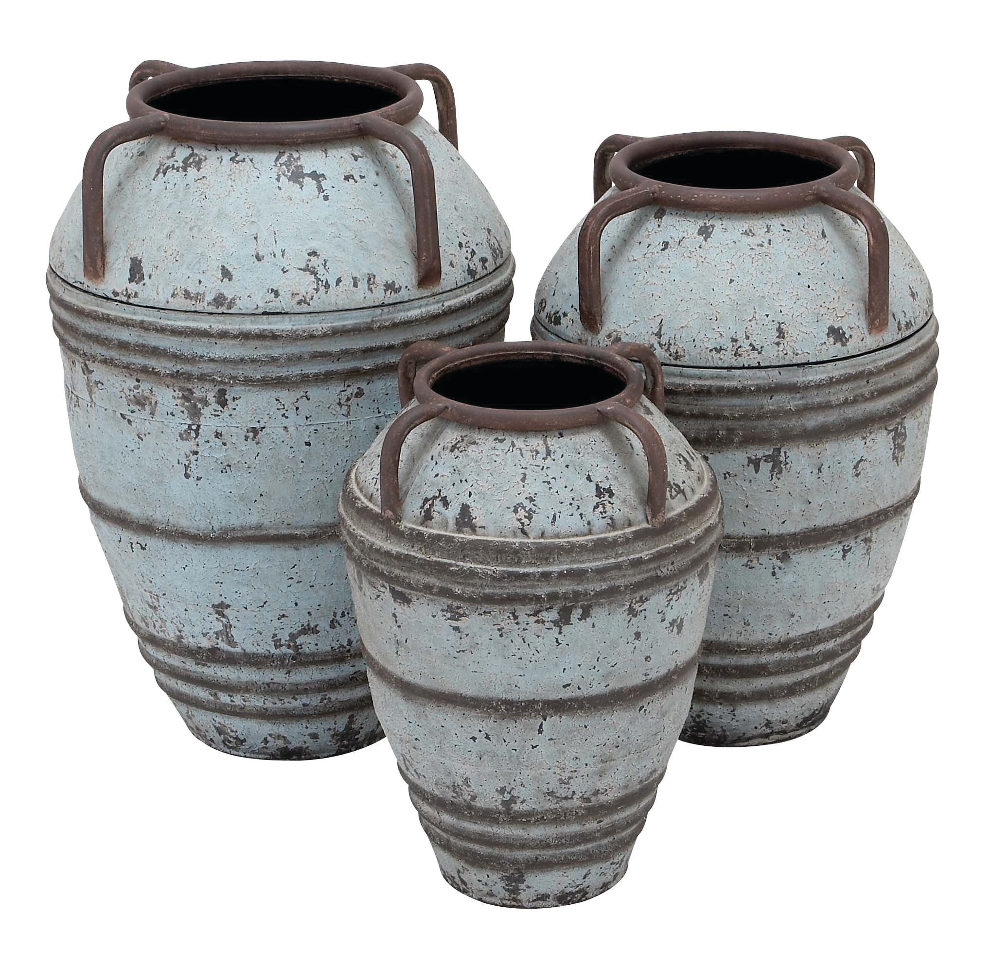 Distressed Blue Metal Amphora Vases with Handles, Set of 3