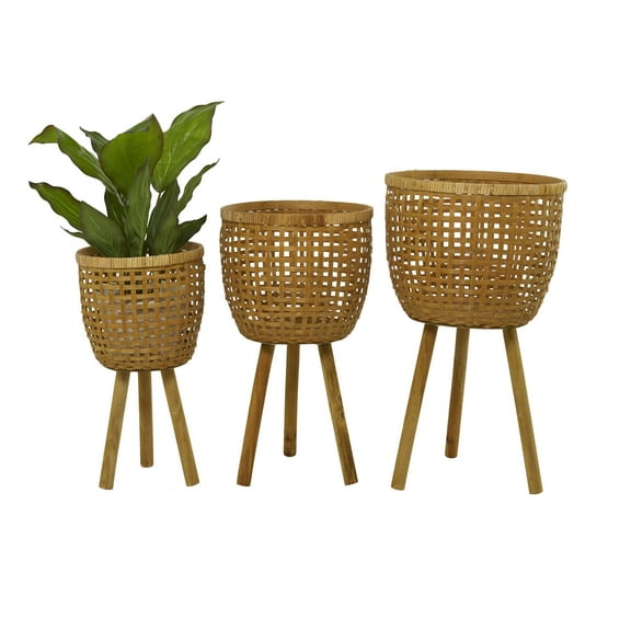 DecMode 26", 23", 20"H Handmade Woven Basket Brown Bamboo Wood Planter with Wooden Tripod Legs (3 Count)