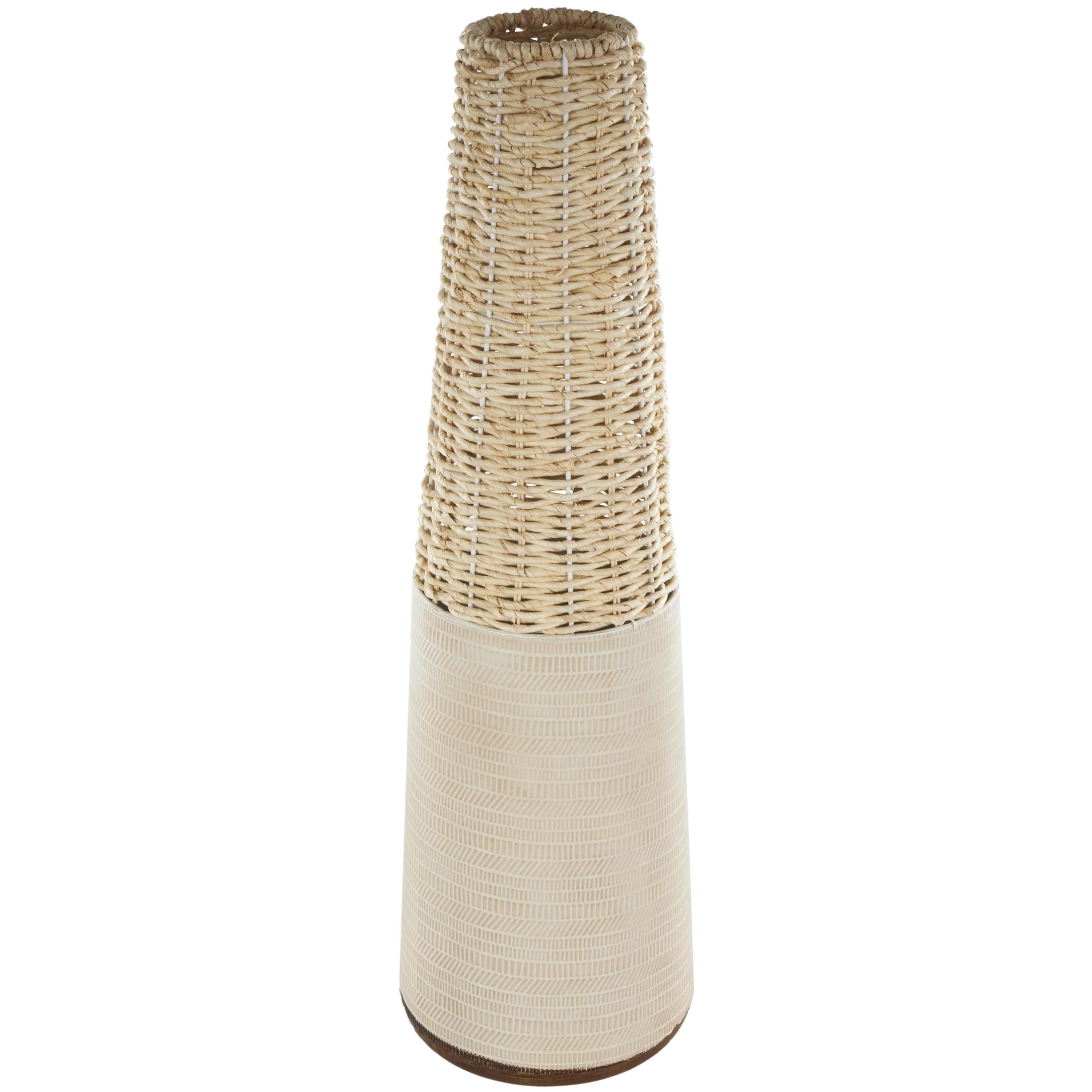 DecMode 26" Geometric Handmade Woven Light Brown Rattan Vase with Beige Metal Base