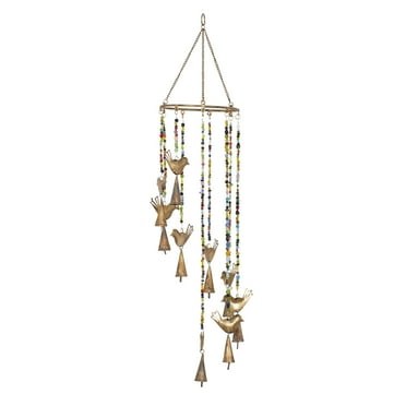 DecMode 26" Gold Metal Bird Windchime with Glass Beads and Cone Bells