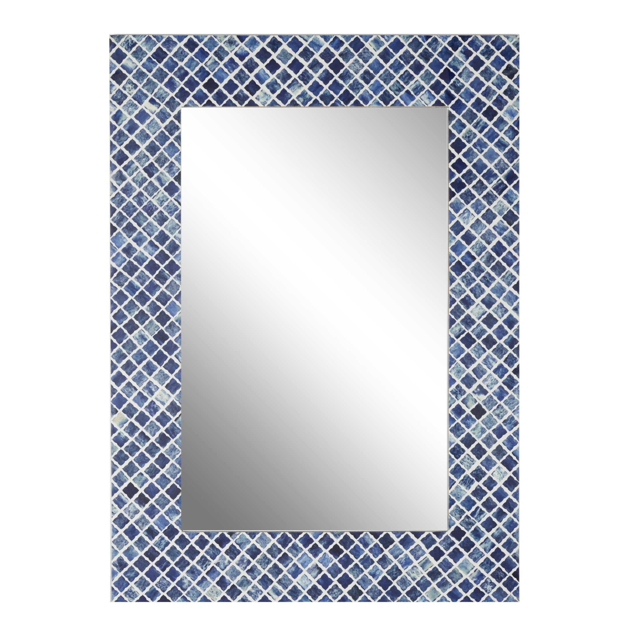 DecMode 26" x 36" Blue Quatrefoil Bone Inlay Wall Mirror