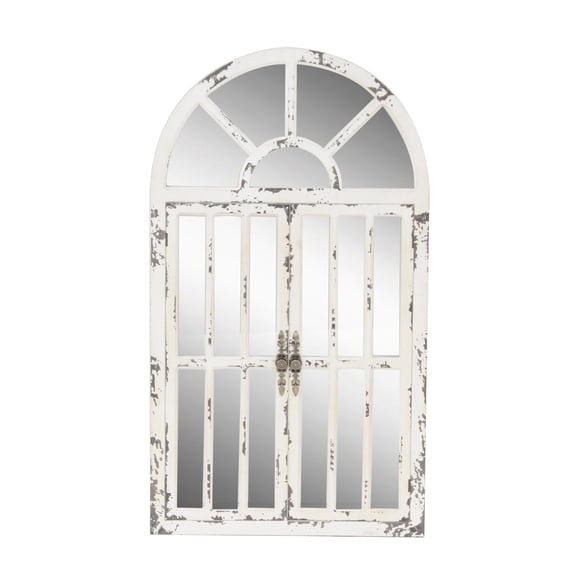 DecMode 26" x 46" White Window Pane Inspired 2 Door Wall Mirror with Arched Top and Distressing