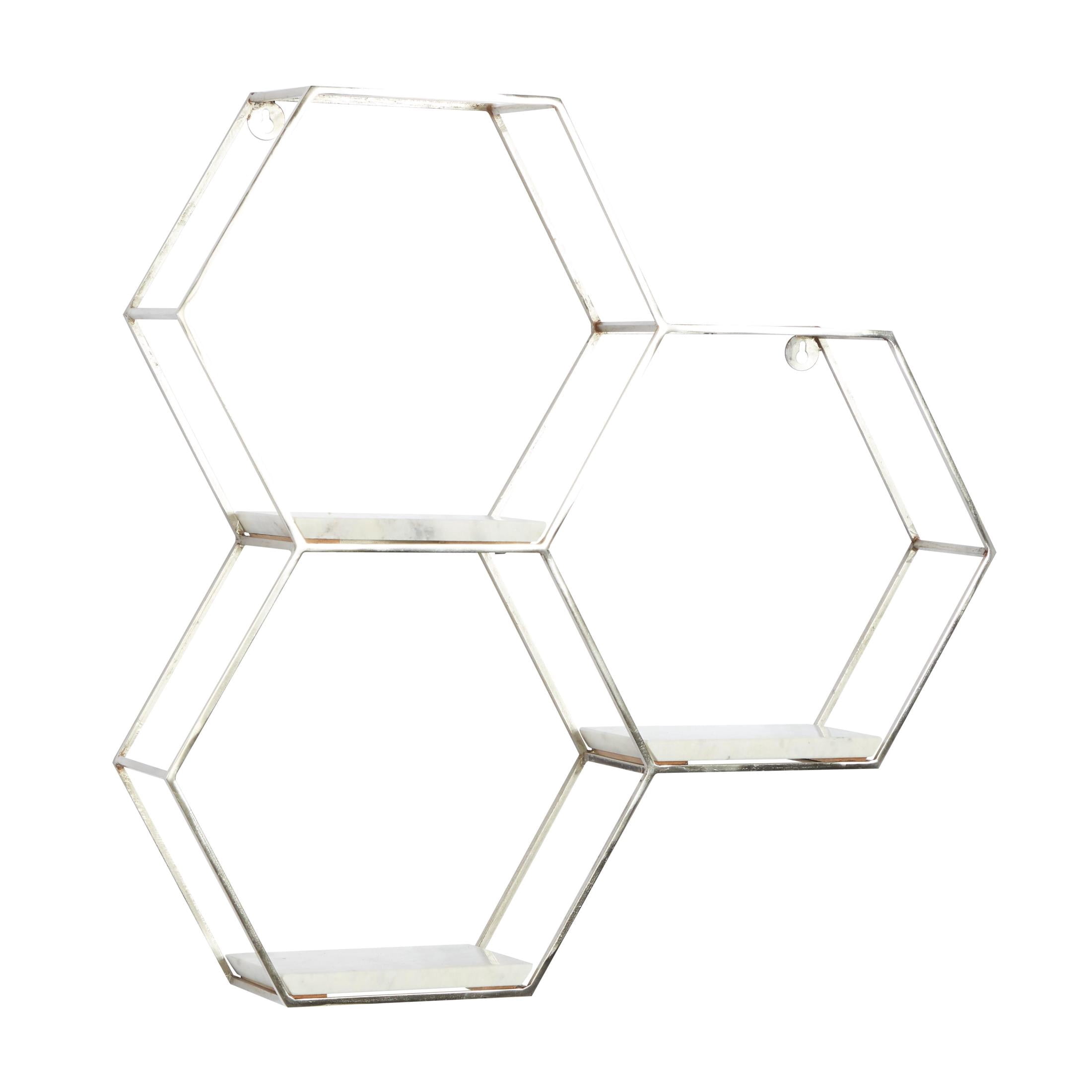 DecMode 26" x 5" Hexagon 3-Tier Silver Geometric Wall Shelf with 3 Marble Shelves