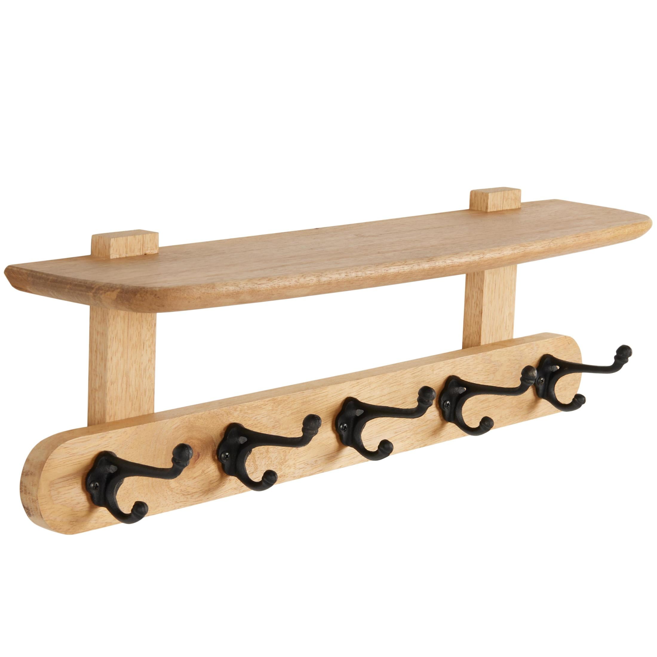 DecMode 26" x 8" Brown Mango Wood Handmade Single Shelf Wall Hook with 5 Hooks, 1-Piece
